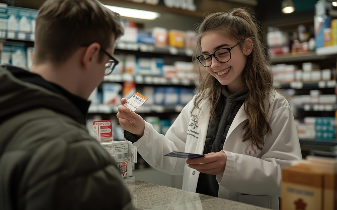pharmacien conseillant un client dans une pharmacie